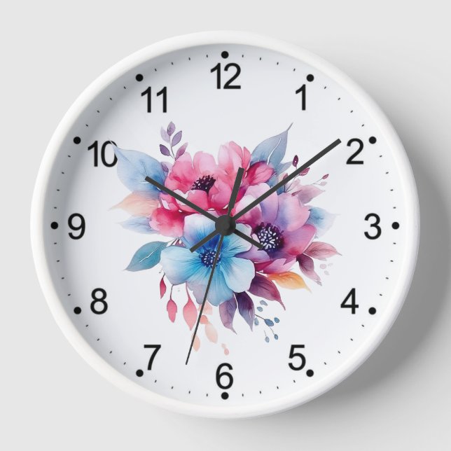 Watercolor Flowers Floral Design Clock (Front)