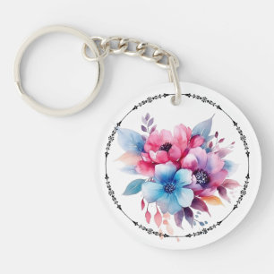 Watercolor Flowers Floral Design Key Ring