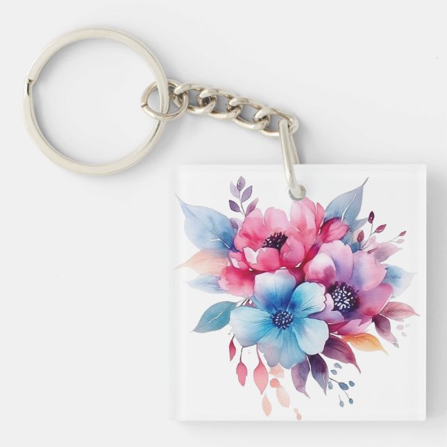 Watercolor Flowers Floral Design Key Ring (Front)