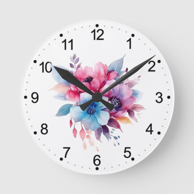 Watercolor Flowers Floral Design Round Clock (Front)