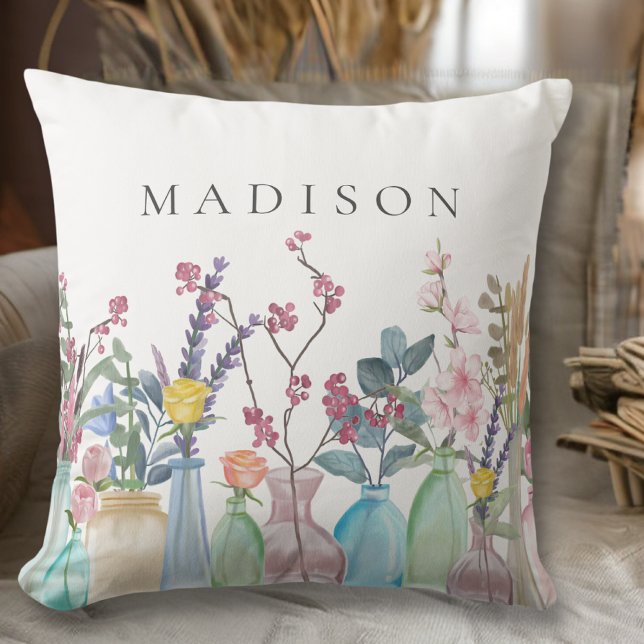 Watercolor Flowers Floral Garden Blooms in Bottles Cushion (Creator Uploaded)