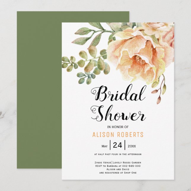 Watercolor flowers floral wedding bridal shower invitation (Front/Back)