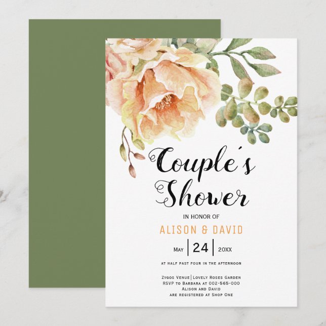 Watercolor flowers floral wedding couples shower invitation (Front/Back)
