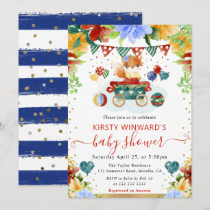 Watercolor Flowers Fox Baby Shower Invitation