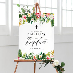 Watercolor Flowers Garland Tropical Baptism Poster