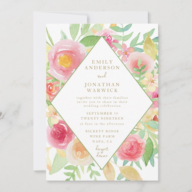 Watercolor Flowers Geometric Wedding Invitation (Front)