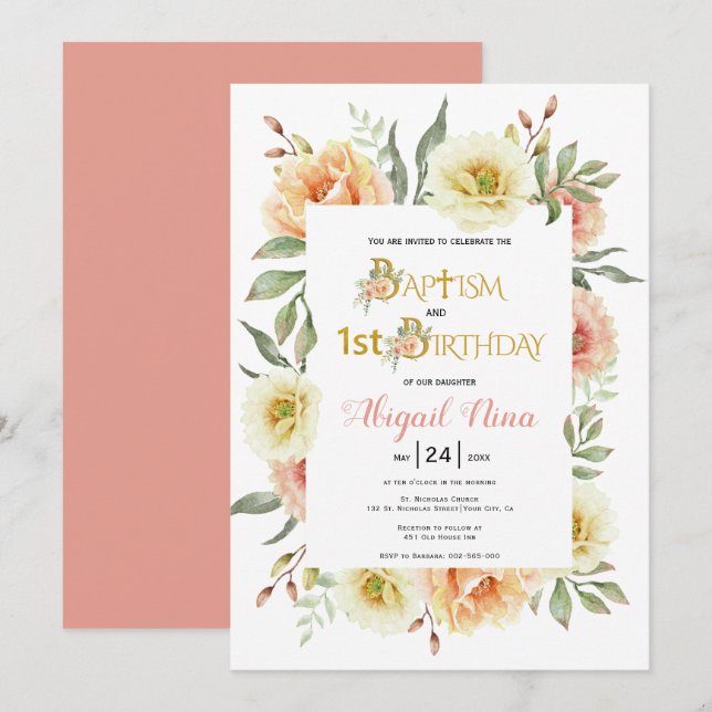 Watercolor flowers girl baptism and 1st birthday invitation (Front/Back)