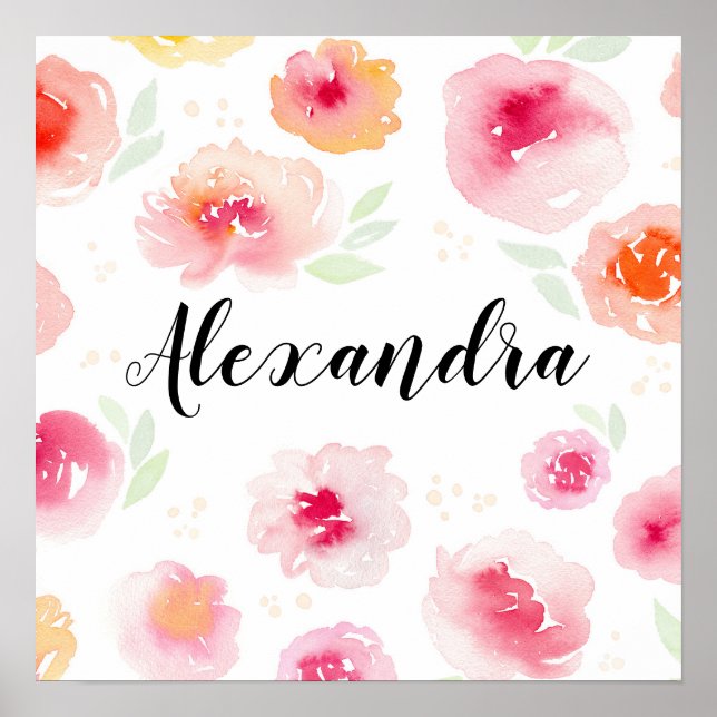 Watercolor Flowers Girls Name Kids Room Nursery Poster (Front)