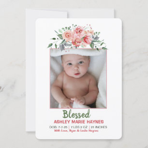 Watercolor Flowers Girls Photo Baby Announcement