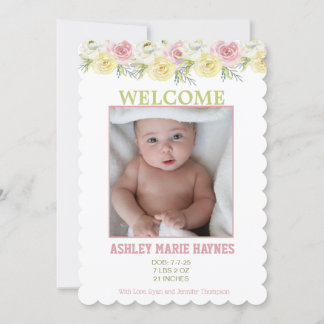 Watercolor Flowers Girls Photo Baby Announcement