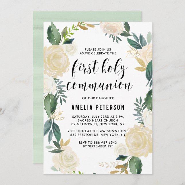 Watercolor Flowers Glitter First Holy Communion Invitation (Front/Back)