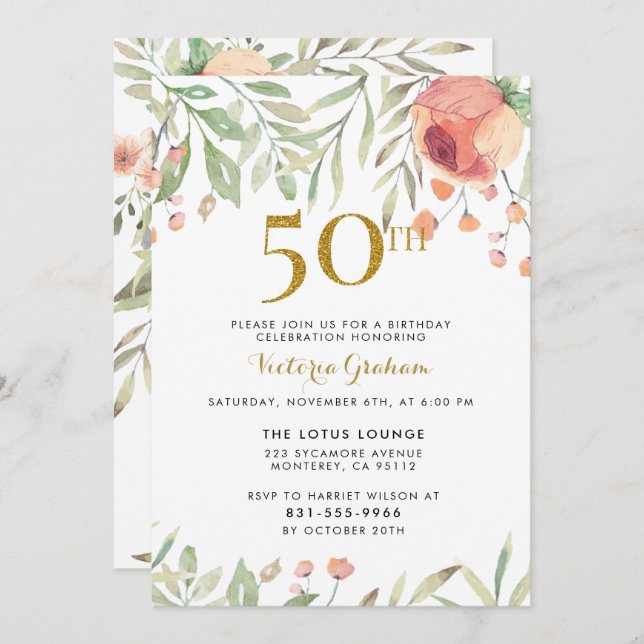 Watercolor Flowers & Gold 50th Birthday Party Invitation (Front/Back)
