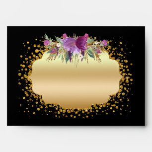 Watercolor Flowers Gold Glitter Confetti Black Envelopes