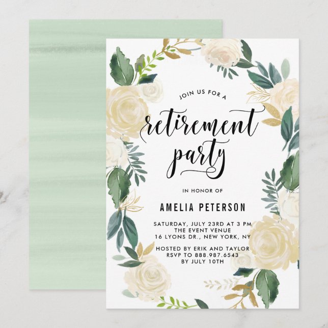 Watercolor Flowers Gold Glitter Retirement Party Invitation (Front/Back)