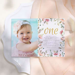 Watercolor Flowers Gold One First Birthday Photo Invitation