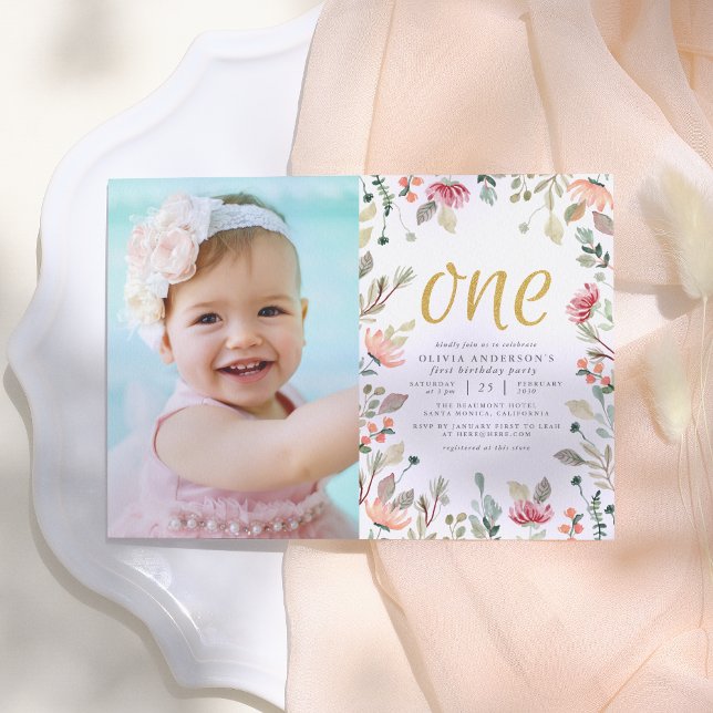 Watercolor Flowers Gold One First Birthday Photo Invitation (Creator Uploaded)