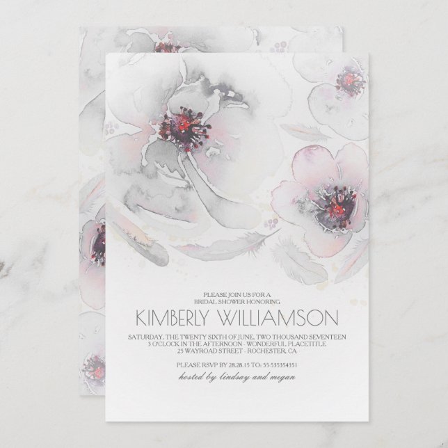 Watercolor Flowers Grey Pink Boho Bridal Shower Invitation (Front/Back)