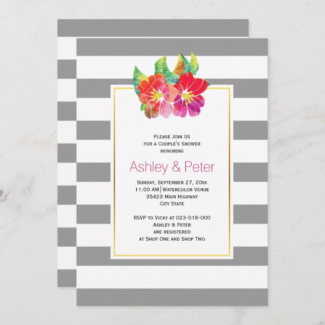 Watercolor flowers grey wedding couples shower invitation (Front/Back)