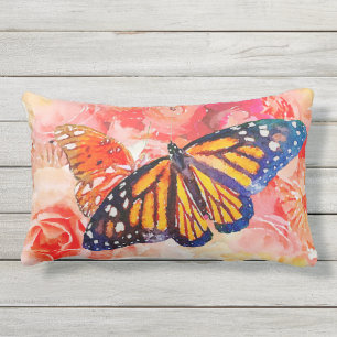 Watercolor Flowers & Gulf and Monarch Butterflies Lumbar Cushion