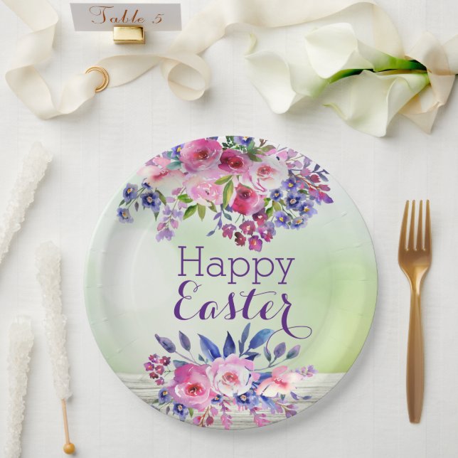 Watercolor Flowers Happy Easter Paper Plates (Wedding)