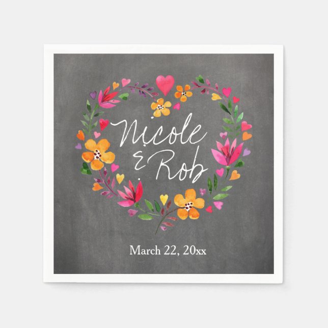 Watercolor Flowers Heart Wreath | chalkboard grey Napkin (Front)