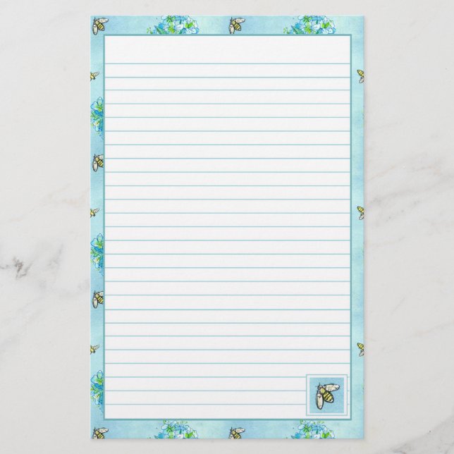 Watercolor Flowers Honey Bee Blue Lined Stationery (Front)