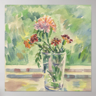 Watercolor flowers in a glass not a window poster