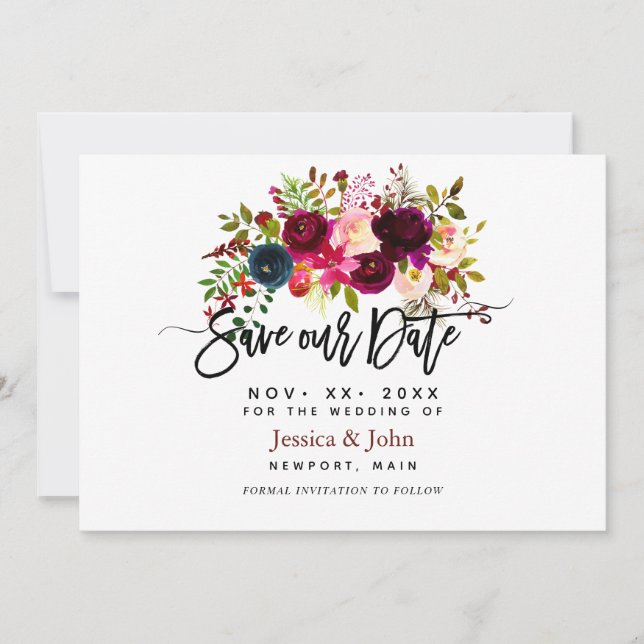 Watercolor flowers in blush, burgundy navy blue invitation (Front)