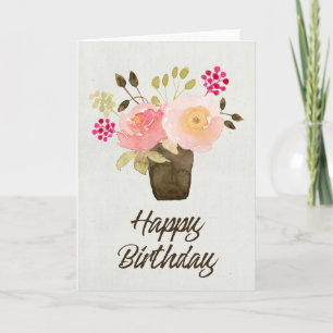 Watercolor Flowers in Flower Pot Birthday Card