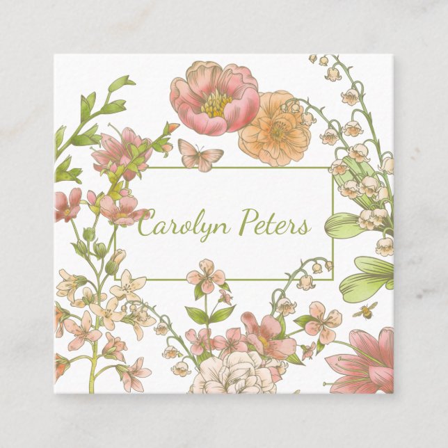 Watercolor Flowers in Pink and Green Business Card (Front)
