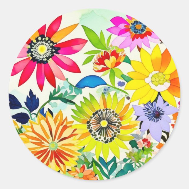 Watercolor Flowers in Pink and Yellow Classic Round Sticker (Front)