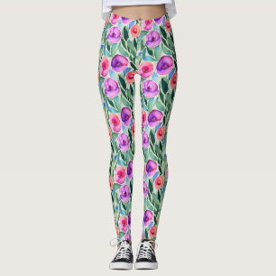Watercolor Flowers in Purple, Pink and Green Leggings