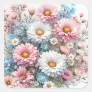 Watercolor Flowers in soft pastels  Square Sticker