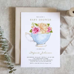 Watercolor Flowers in Teacup Baby Shower Invitation