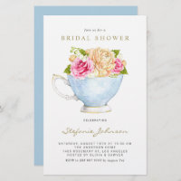 Watercolor Flowers in Teacup Bridal Shower Invite