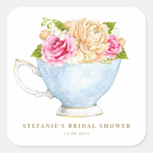 Watercolor Flowers in Teacup Bridal Shower Square Sticker
