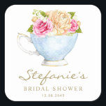 Watercolor Flowers in Teacup Bridal Shower Square Sticker<br><div class="desc">Add a charming, vintage-inspired touch to your bridal shower favours, invitations, or décor with this custom bridal shower sticker featuring a delicate watercolor rose bouquet in a classic teacup. This floral bridal shower sticker is perfect for tea party themes, garden gatherings, or any romantic celebration. This customisable bridal shower sticker...</div>