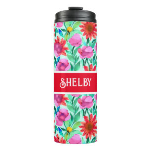 Watercolor Flowers in Teal, Red and Pink Thermal Tumbler