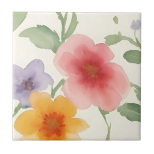 Watercolor Flowers Large Print Floral on White Tile