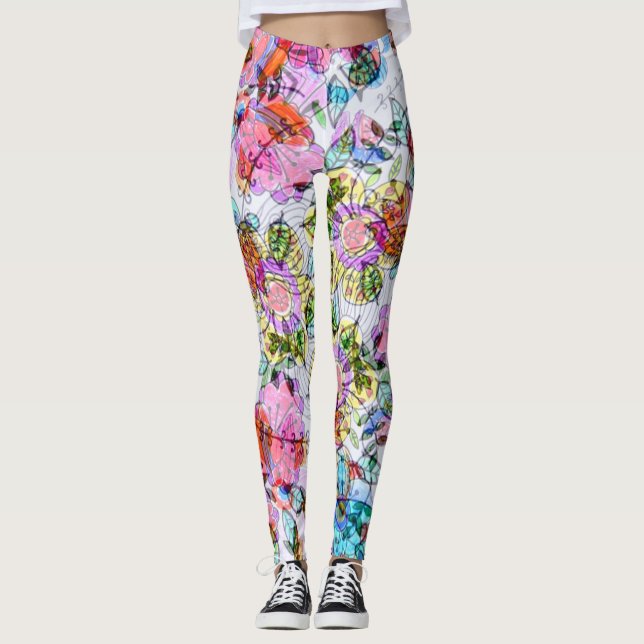 Watercolor flowers leaves multicolor bright pastel leggings (Front)