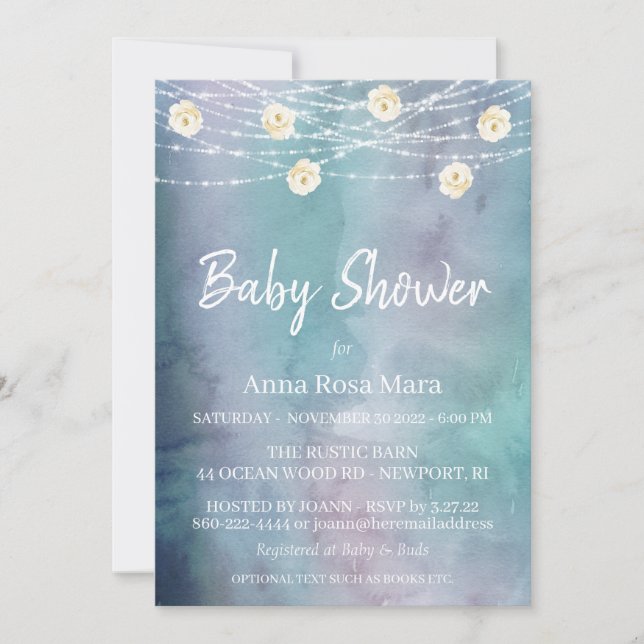 *~* Watercolor Flowers Lights Roses Baby Shower Invitation (Front)