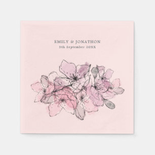 Watercolor Flowers Lilac Pink Name Date Wedding Napkin
