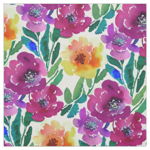 Watercolor Flowers Maroon and Yellow Fabric