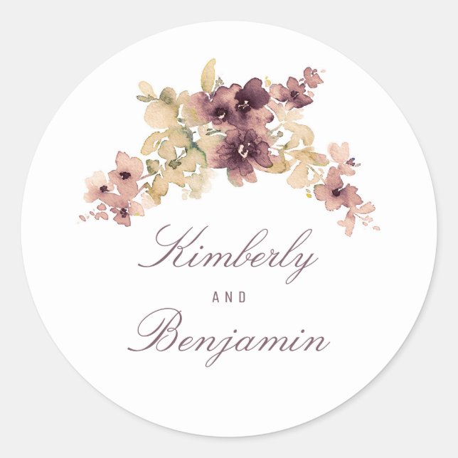 Watercolor Flowers Mauve and Gold Wedding Classic Round Sticker (Front)