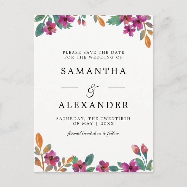Watercolor Flowers & Modern Typography Wedding Announcement Postcard (Front)