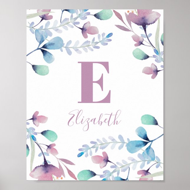 Watercolor flowers monogram. Baby girl. Nursery Poster (Front)