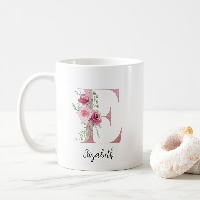 Watercolor Flowers Monogram Pink E Custom Name Coffee Mug (With Donut)