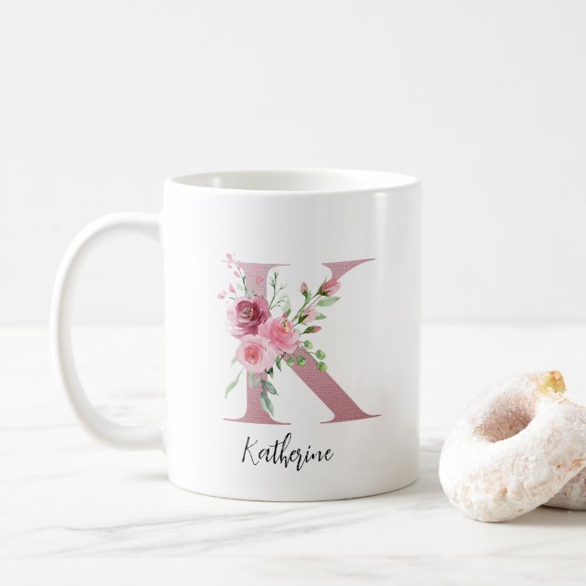Watercolor Flowers Monogram Pink K Custom Name Coffee Mug (With Donut)