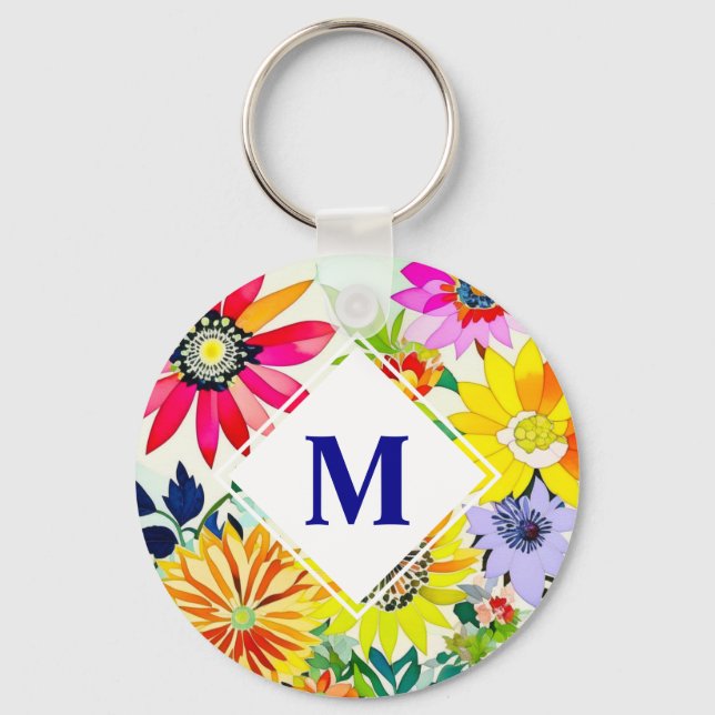 Watercolor Flowers Monogrammed  Key Ring (Front)