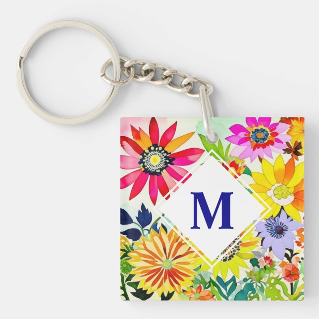 Watercolor Flowers Monogrammed  Key Ring (Front)